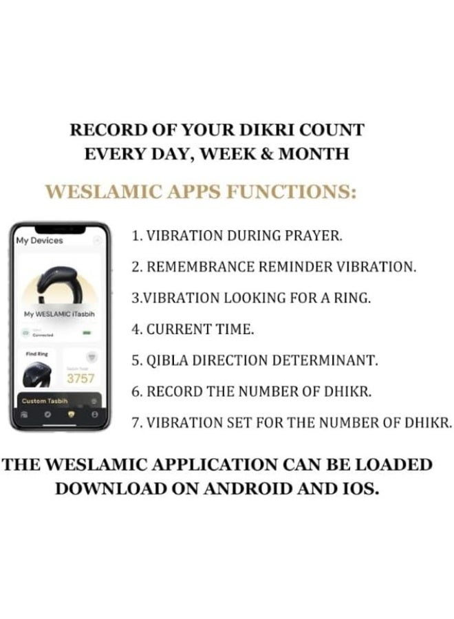 WESLAMIC iTasbih Smart Tasbih Counter Ring – Bluetooth Digital Zikr Counter with OLED Display, Azan & Prayer Reminders, Adjustable Sizes (20mm & 22mm), Magnetic Charging, Waterproof, App Sync for iOS/Android – Sleek Black Islamic Prayer Companion - Image 3
